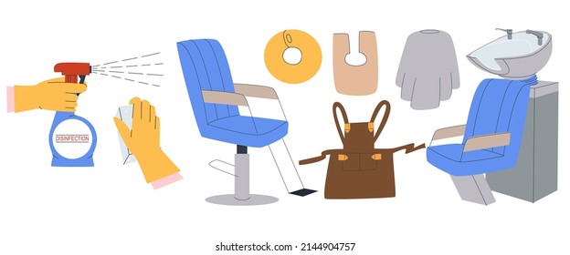 Hand sanitizing clothes and chairs. Spray in hand and sponge for disinfection. Flat vector illustration. Eps10