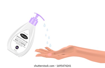 Handanisierendes Gel spritzt auf der Handfläche auf einem isolierten Hintergrund, realistische Flasche und Hand, Vektorillustration-Illustration.