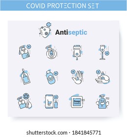 Iconos de línea de sanización manual. Tipos de sanitizadores de mano. Bolsillo, sin alcohol, orgánico y más.Concepto de higiene y desinfección.Prevención de propagación de Covid19.Ilustración vectorial aislada.Accidente cerebral editable 