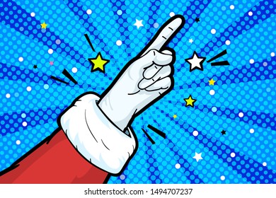 Hand of Santa Claus in red suit and mitten showing Index finger up in pop art retro style. The gesture of attention in business on blue background. Vector illustration