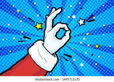 Hand of Santa Claus in red suit and mitten showing the gesture of OK in pop art style. Hand sign in retro comics style, OKAY hand gesture on blue background. Vector illustration