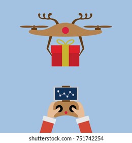 Hand Santa Claus with remote control flying delivery gift box