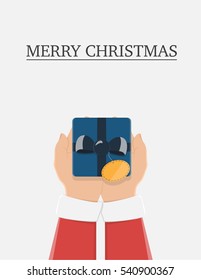 hand of santa holding giftbox,top view on white background,flat design,vector eps10.