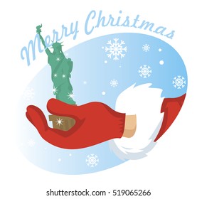 hand Santa with Statue Of Liberty on background of snowflakes