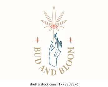 Mano con brote de hoja de Sativa y ilustración de vector de flor coloreado
