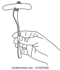 Hand with sausage on a fork isolated on white background, vector illustration 