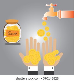 hand save money and Money fall out of the tap