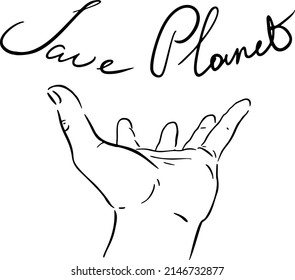 Hand, rette den Planeten, handgezeichnet. Schwarze Vektorgrafik-Kunst
