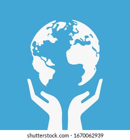 hand save the world globe symbol on blue background. white protect the planet icon. Concept of environmental conservation. sustainable development ecology.