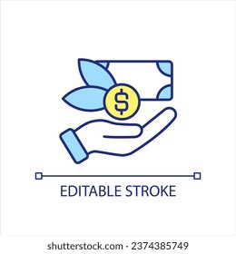 Hand with saved money yellow and blue RGB color icon. Coin and banknote. Hold cashback. Person benefit. Isolated vector illustration. Simple filled line drawing. Editable stroke. Arial font used