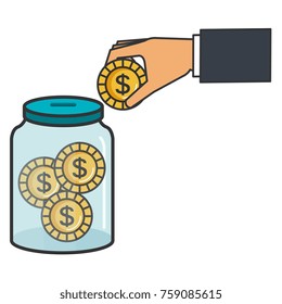 hand saver with glass jar and coins money