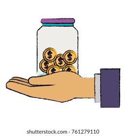hand saver with glass jar and coins money