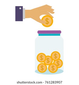 hand saver with glass jar and coins money