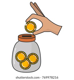 hand saver with glass jar and coins money