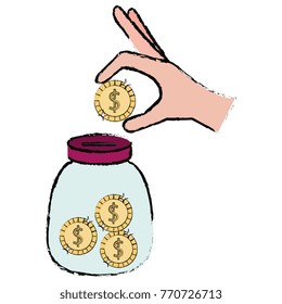 hand saver with glass jar and coins money
