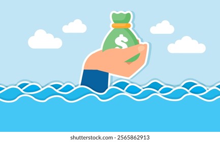 A hand saves a sack of money from a flood, illustration of securing business financial assets