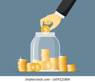 Hand saving coins in glass jar vector illustration. Money jar concept. Save finance in glassware bank. Moneybox bottle.