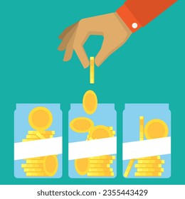 A hand saving gold coin into glass bottle, growth financial and wealth investment concept, vector flat design, editable shape and object