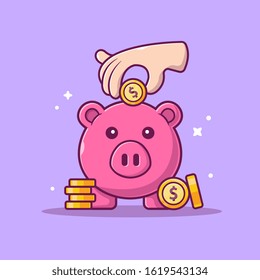 Hand Saving Money With Piggy Bank Cartoon Vector Icon Illustration. Business Finance Icon Concept Isolated Premium Vector. Flat Cartoon Style 