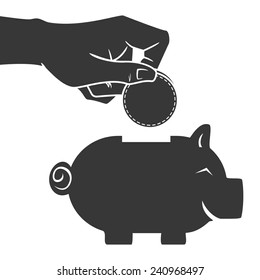 Hand saving money in piggy bank, vector illustration