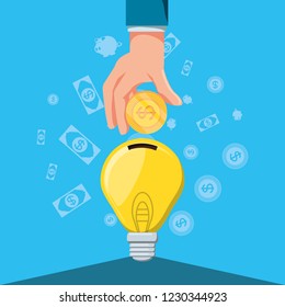 hand with saving in shape light bulb