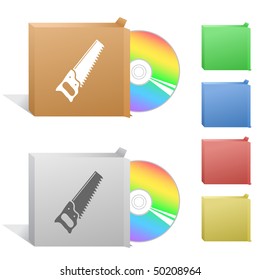 Hand saw. Box with compact disc.