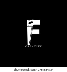 Hand saw concept simple flat F letter logo design. Vector EPS 10.