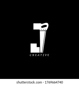Hand saw concept simple flat J letter logo design. Vector EPS 10.