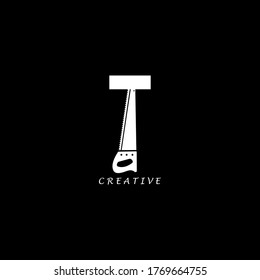 Hand saw concept simple flat T letter logo design. Vector EPS 10.