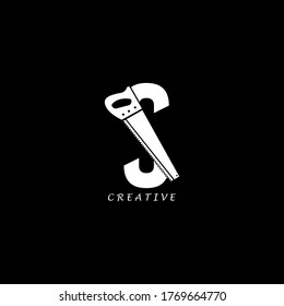 Hand saw concept simple flat S letter logo design. Vector EPS 10.
