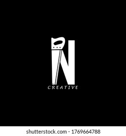 Hand saw concept simple flat N letter logo design. Vector EPS 10.