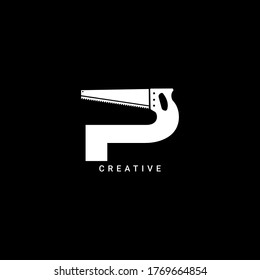 Hand saw concept simple flat P letter logo design. Vector EPS 10.
