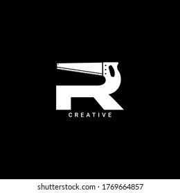 Hand saw concept simple flat R letter logo design. Vector EPS 10.