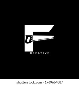 Hand saw concept simple flat F letter logo design. Vector EPS 10.