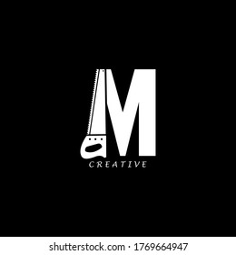 Hand saw concept simple flat M letter logo design. Vector EPS 10.