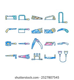 hand saw construction doodle icons set vector. sketch line art tool wood, carpentry blade, equipment handsaw, work metal, cut worker, carpenter hand saw construction color illustrations