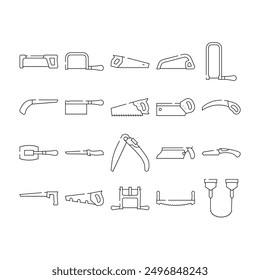 hand saw construction icons set vector. tool wood, carpentry blade, equipment handsaw, work metal, cut worker, carpenter hand saw construction black contour illustrations