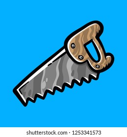 Hand saw construction tool for cutting wood. Vector cartoon illustration