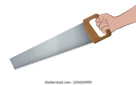 Hand saw, craftsman holding a ripsaw with wooden handle, metal saw blade and pointed sharp saw teeth. Isolated vector illustration on white background.
