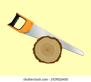 Hand saw cuts a tree on a white background, for design, vector illustration
