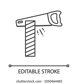 Hand saw cutting wooden plank linear icon. Thin line illustration. Contour symbol. Vector isolated outline drawing. Editable stroke