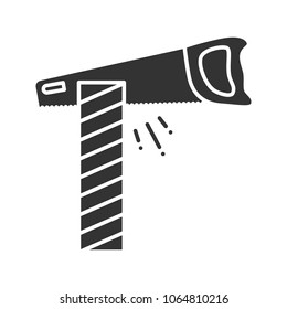 Hand saw cutting wooden plank glyph icon. Silhouette symbol. Negative space. Vector isolated illustration