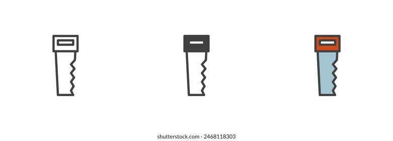 Conjunto de iconos de estilo diferente. Línea, glifo y contorno relleno versión colorida, contorno y Vector relleno signo. Símbolo de sierra de mano, ilustración de logotipo. Vector gráfico