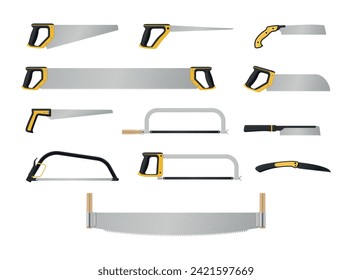 La herramienta de carpintería nítida de los diferentes tipos de sierra para mano con mangos establece una ilustración vectorial realista. Equipo industrial metálico con dientes para la renovación de la remodelación de la madera de aserrado de construcción