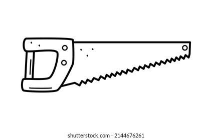 Hand saw doodle cartoon style. Vector illustration of the working tool hacksaw isolated on white