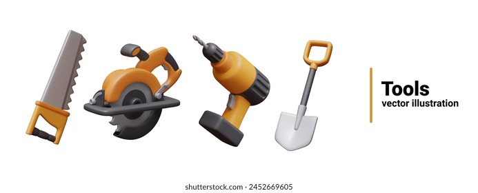 Hand saw, electric drill, shovel, circular saw. Tools for home repair, gardening, construction