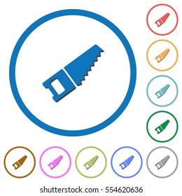 Hand saw flat color vector icons with shadows in round outlines on white background