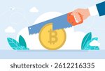 A hand saw halving a bitcoin, crypto currency market. Cryptocurrency market drop, golden bitcoin collapse and crypto coin price crisis, trading trap or pitfall concept. Vector illustration