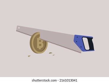 A hand saw halving a golden bitcoin, crypto currency market