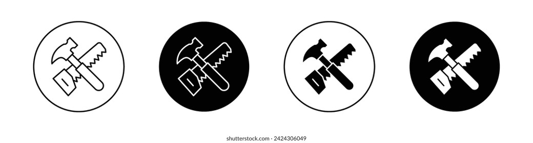 Hand Saw and Hammer Icon Set. Carpentry woodwork tool vector symbol in a black filled and outlined style. Craft Power Sign.